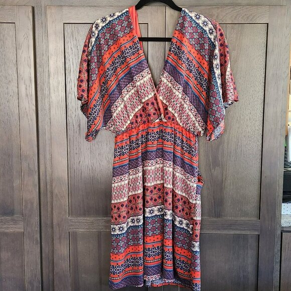 Boho V-Neck Plunge Summer Dress Kimono Sleeve Pockets Multi-Color Print - Picture 3 of 14